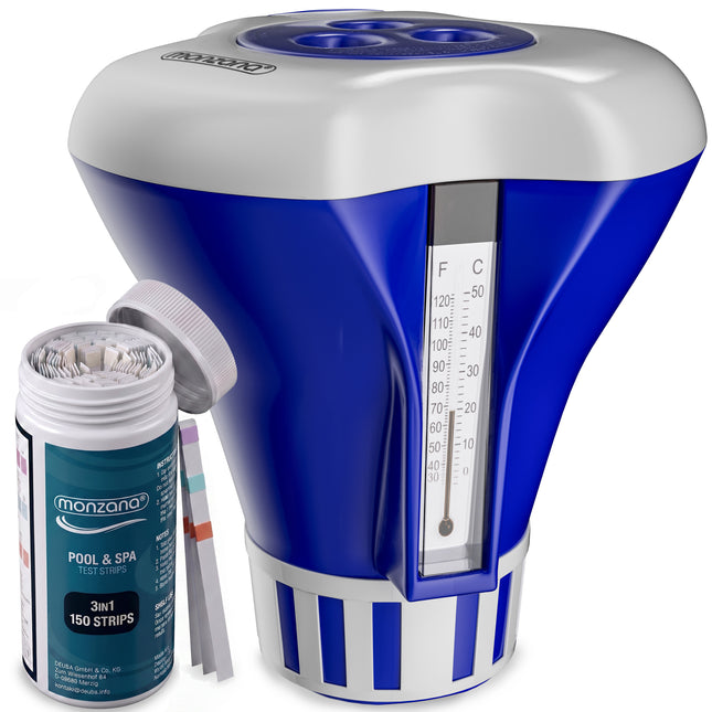 Pool dosing float for 20-200g tablets including 150 3in1 test strips UV-resistant chlorine float with thermometer