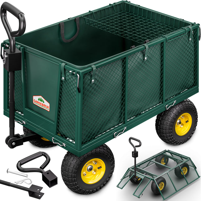 Transport trolley 550 kg Green 110x75x52cm with 4 pneumatic tyres &amp; tarpaulin
