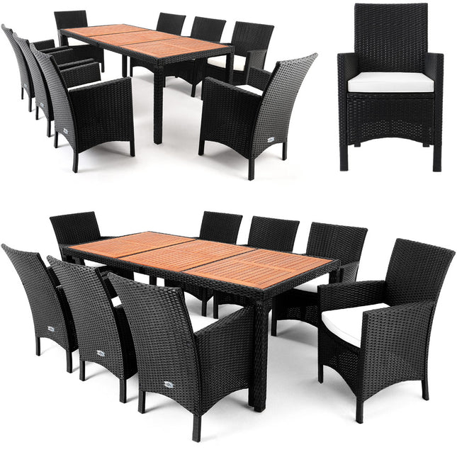 17 Piece Aluminium Rattan Dining Table Set - Acacia Wood - 7cm Thick Cushions