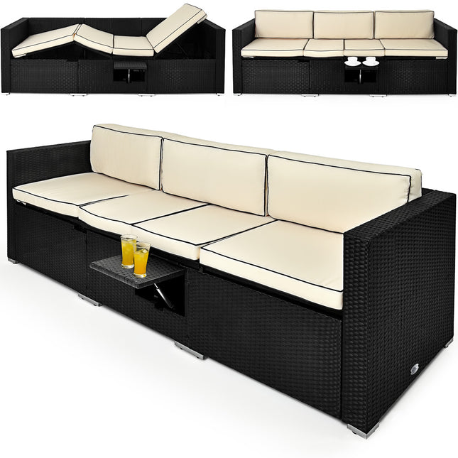 2in1 Rattan Garden Sofa/Sun Lounger Black/Cream 230x70x70cm 4 Segments