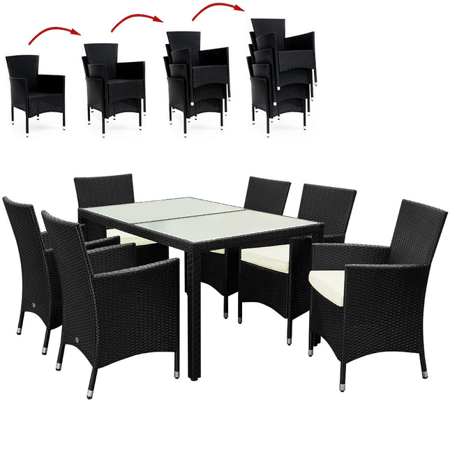 13pcs Rattan Seat Group - Frosted Glass - Stackable Chairs - Black