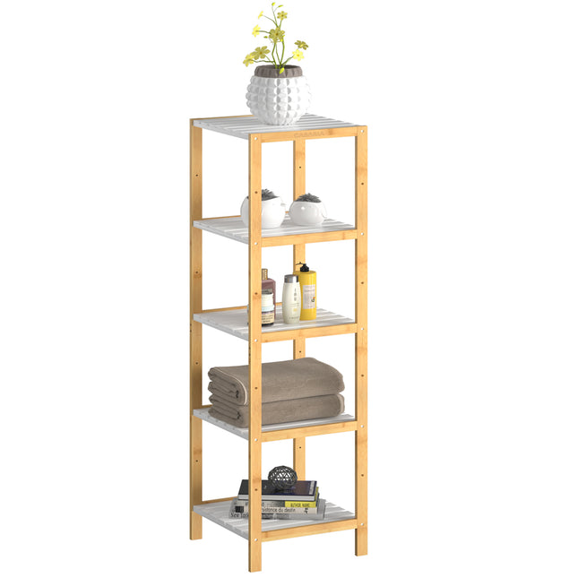 Standing Shelf Bamboo White 140x33x34cm 5 Shelves