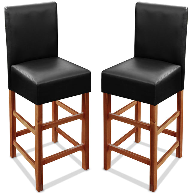 Bar Stool 2Pcs Acacia Wood PU Leather with Backrest