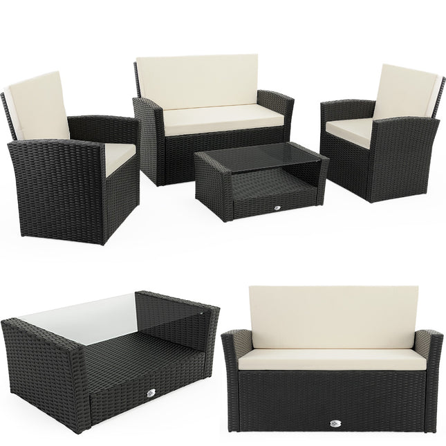 10 Pieces Rattan Lounge Table Bench and Chairs Set with Safety Glass 7cm Cushons