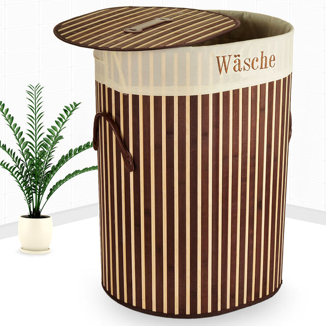 Bamboo laundry basket - Oval 100L capacity - Dark brown - foldable bathroom