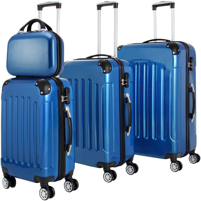 4 Pcs Hard Shell Suitcase Set with Lock - M-L-XL   Beauty Case Blue