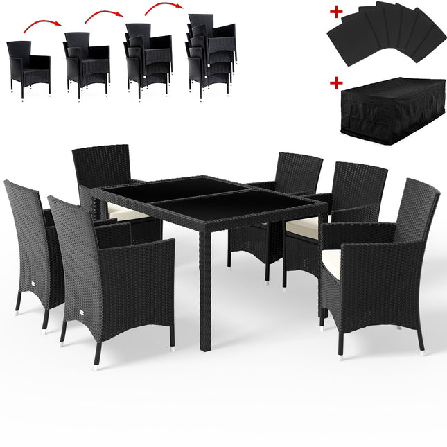 Aluminium Poly Rattan Garden Dining Table Chairs Set 6 Seater - Stackable Chairs