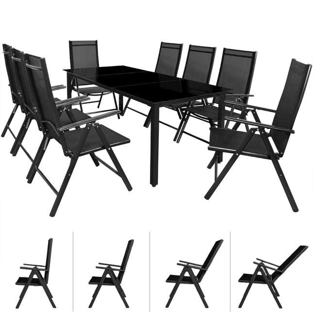 Aluminium table and chairs set 8 1 with glass plate and foldable chairs