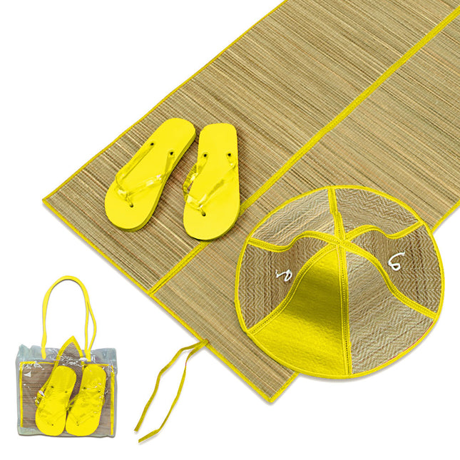 Beach Set 4Pcs Pink Straw Mat Sun Hat Flip Flops